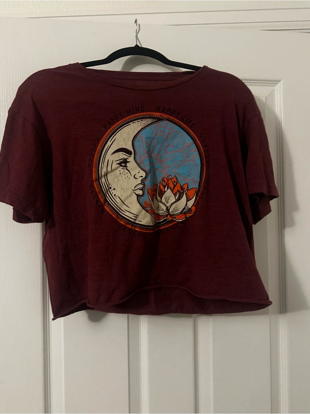 Maroon Moon & Lotus Graphic Crop Tee - Women's Crop Top